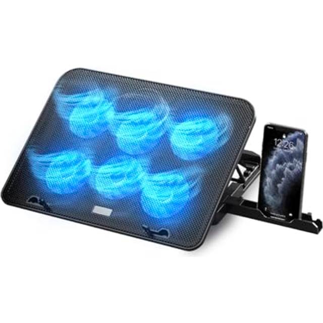 NK Laptop Kylare Cooler Base - Datorfläkt för bärbar dator med 5 höjdjusterbara stativ, 6 tysta fläktar, 2 USB-portar, snabb kylning, blått LED-ljus - svart färg