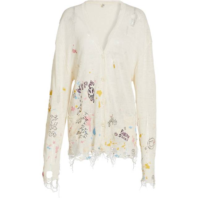 R13 Boyfriend Cardigan - Cream W/ Paint Splatter And Scribbles / XS - CREAM WITH PAINT SPLATTER AND SCRIBBLES (XS)