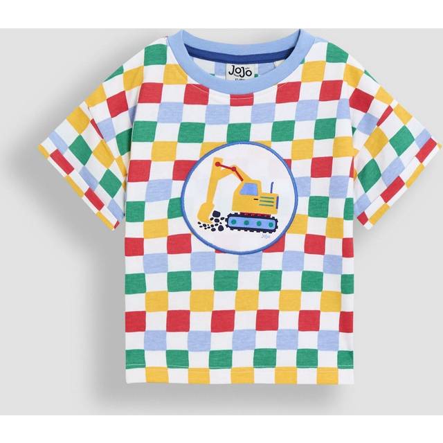 JoJo Maman Bébé Kids' Cotton Check Construction Applique T-Shirt, Bright