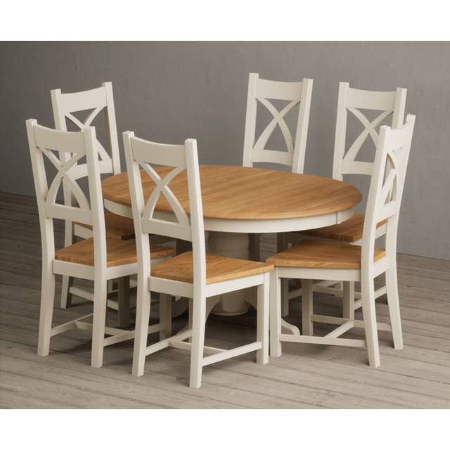 Extending Hertford 100cm - 130cm Oak and Cream Painted Pedestal Dining Table with 4 Brown Painted Chairs