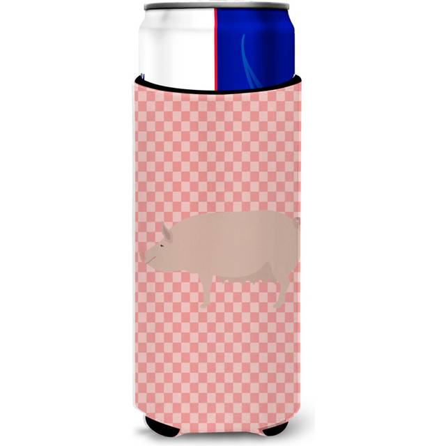 Caroline's Treasures English Large White Pig Pink Check Decorative Can Hugger  Slim  Multicolor
