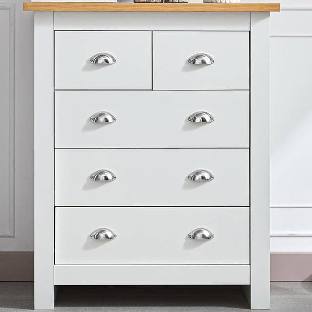 5-Drawer Dresser with Light Wood Top, White Bedroom Storage Chest, Silver Handles, W79cm