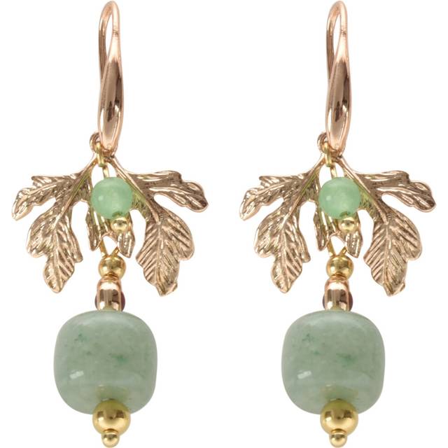 Ethnic Gold Color Leaf Stone Bead Drop Earrings Handmade