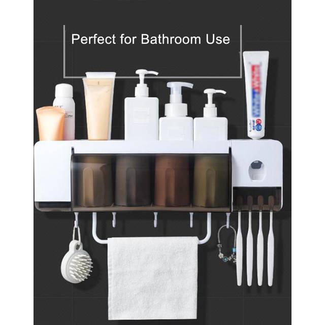 Multi-functional Wall-mounted Toothbrush Holder & Automatic Toothpaste Dispenser Storage Rack With 2 Cups