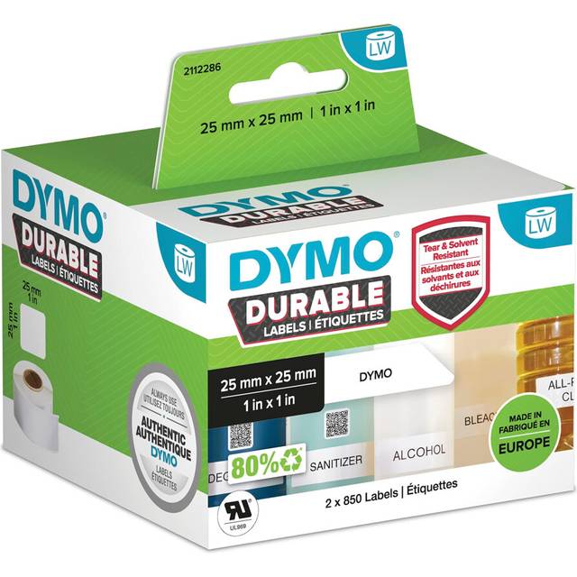 DYMO LW Durable Industrial Labels for LabelWriter Label Printers, White Poly, 25 x 25 mm, 2 Rolls of 850 (1933083)