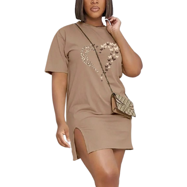 SHEIN Women&#39;s Heart Printed Round Neck Split Hem Casual Short Sleeve Summer Dress