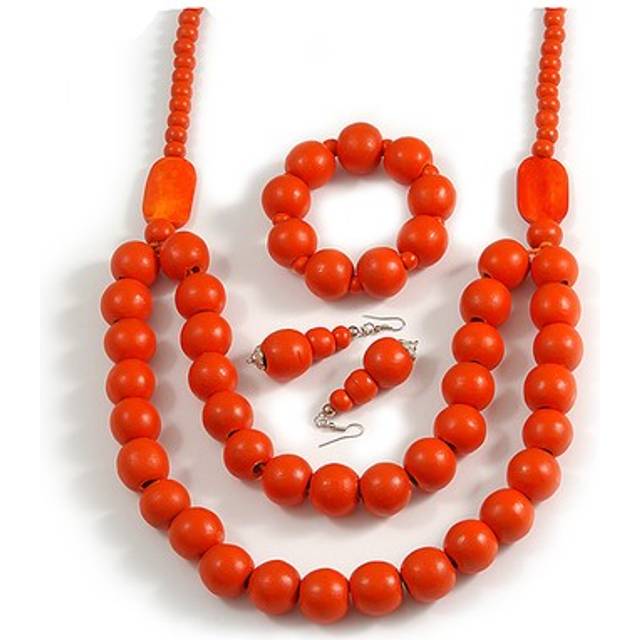 Chunky orange long wooden bead necklace, flex bracelet and drop earrings set -