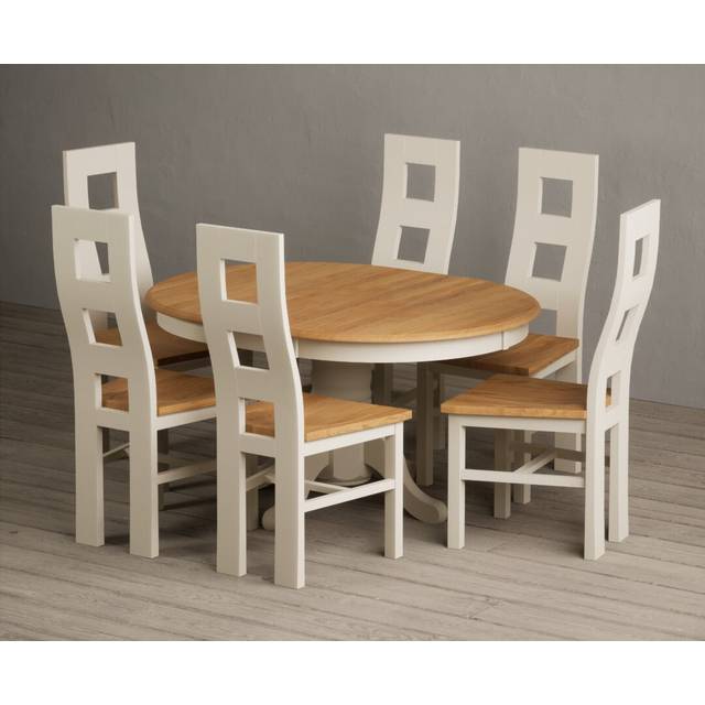 Extending Hertford 100cm - 130cm Oak and Cream Painted Pedestal Dining Table with 4 Light Grey Painted Chairs