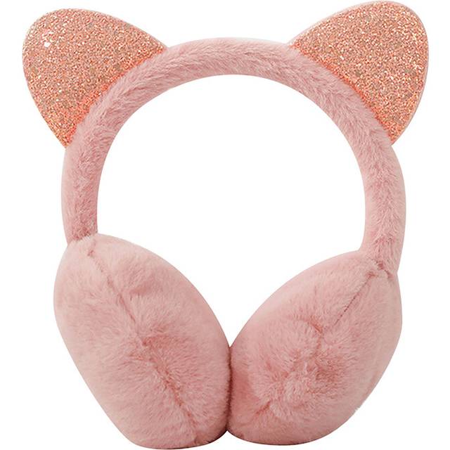 (leather pink) Girls Sequins Cat Ears Plush Children Warm Earmuffs Winter Cold Students