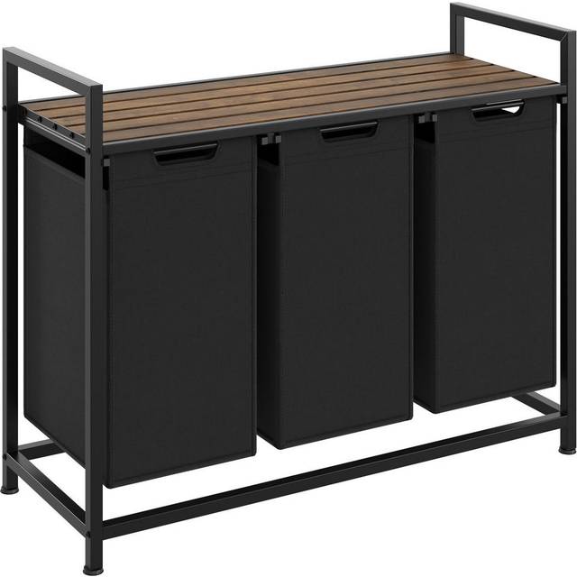 Dual Laundry Basket - 2 pull out compartments, wooden folding shelf & high capacity - 34 x 93.5 x 72 cm