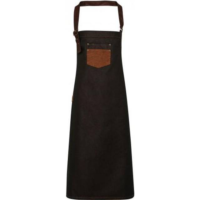 (One Size, Black Denim) Premier Unisex Adults Division Waxed Look Faux Leather Denim Bib Apron