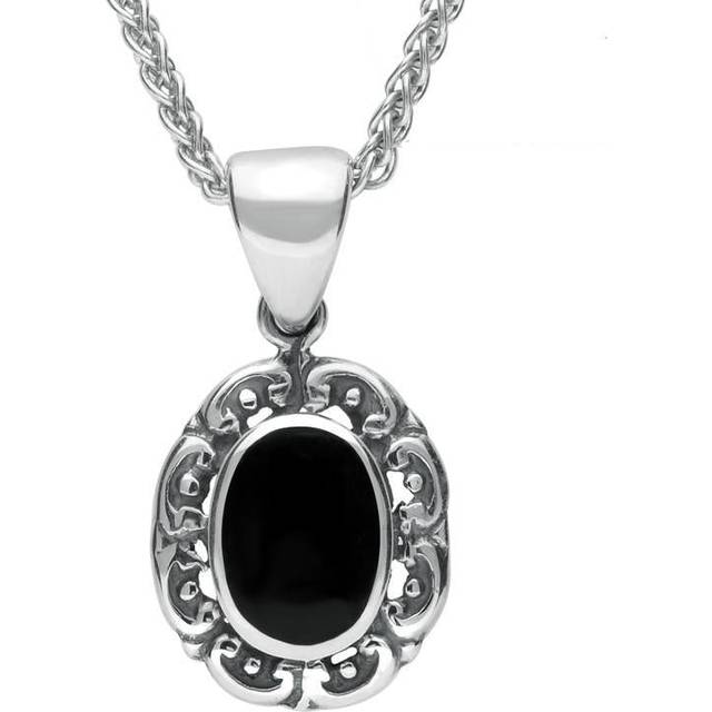 Sterling Silver Whitby Jet Antique Frame Necklace - Silver