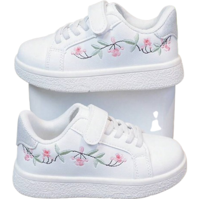SHEIN 1 Pair Unisex Kids Versatile Hook And Loop Closure Canvas Shoes, Comfortable Breathable Cartoon Floral Embroidery Decor Flat Sneakers, School Style
