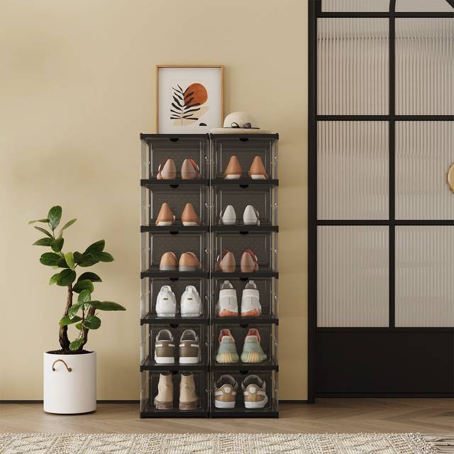 Set of 12 Shoe Boxes, Stackable Foldable Shoe Storage Organizers, Transparent + Ink Black / 2