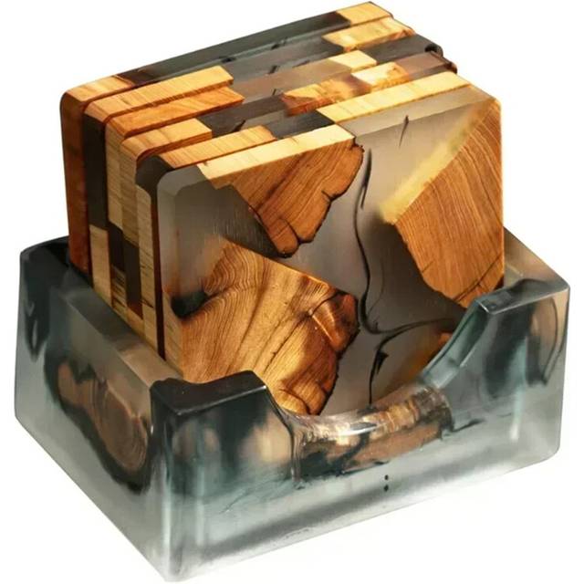 Wood Coasters Set with Epoxy Resin - Modern Holder for Drinks, Includes 6 and