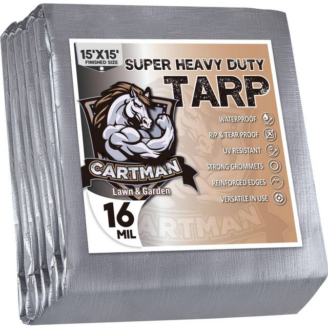 CARTMAN Finished Size 15x15 Feet Extra Thick 16 Mil Ultra Heavy Duty Poly Tarp  Multipurpose Protective Cover  UV Resistant  Waterproof Poly Tarpaulin