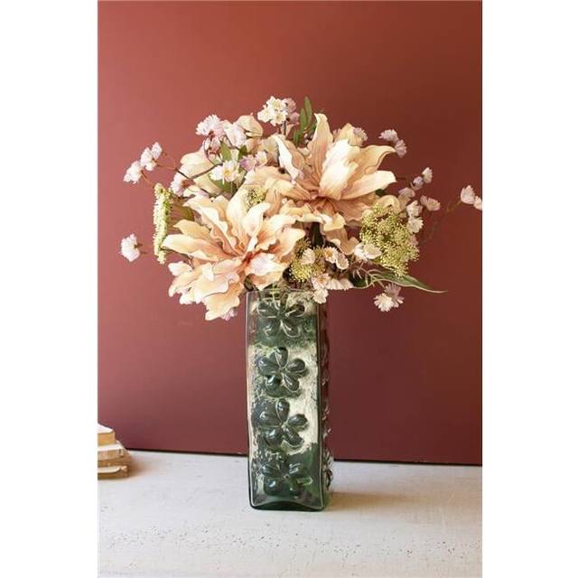 Kalalou CV2342K 5.5 x 5.5 x 16 in. Square Glass Vase with Embossed Flowers - Green