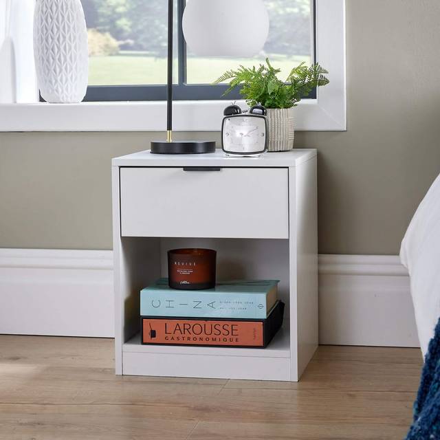 (White) Bedside Table with Storage Drawer and Shelf