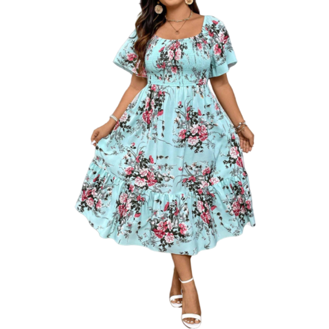 Breezaya Plus Size Elegant Long Floral Printed Dress With Square Collar And Gathered Waistline For Summer Maxi Women Outfit