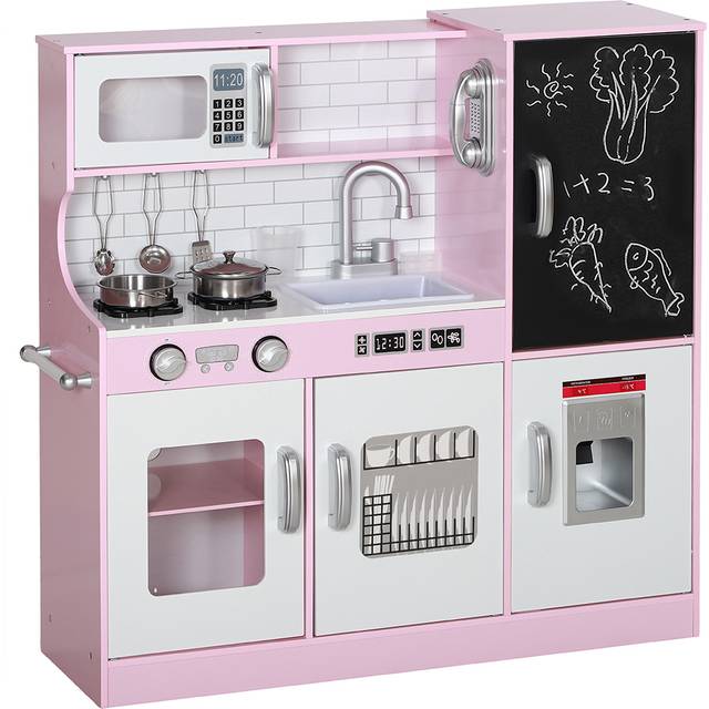 AIYAPLAY Kids White Pink Kitchen Set with Toy Phone and Chalkboard