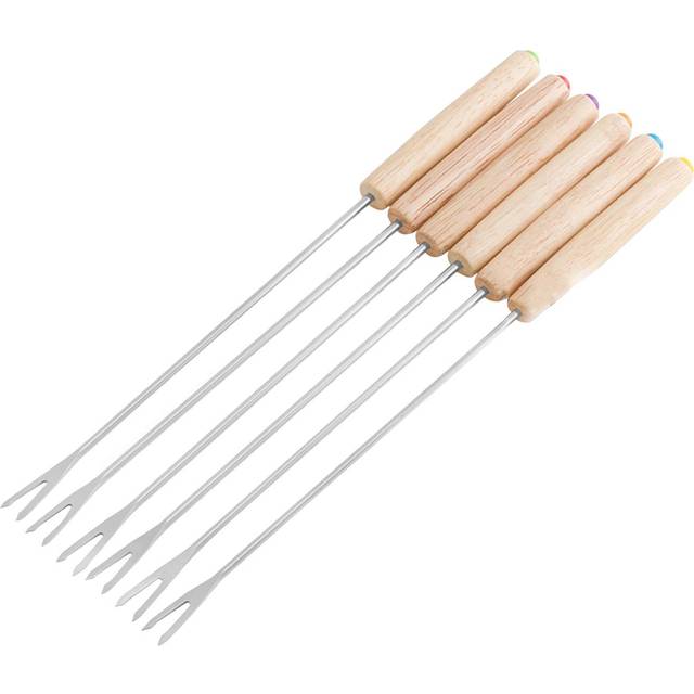 6pcs Stainless Steel Fondue Forks Cheese Fondue Sticks Smore Sticks with Wooden Handle Heat