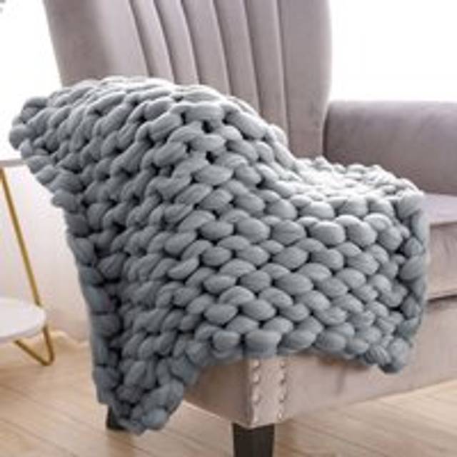 Warm Chunky Wool Yarn Knitted Thick Blanket, Grey 80x100CM
