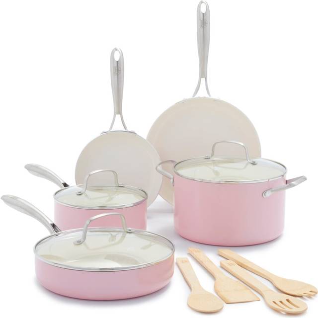 GreenLife Artizan Healthy Ceramic Non-Stick 12-Piece Cookware Pots and Pan Set, Stainless Steel Handle, PFAS-Free, Induction, Oven Safe, Pink