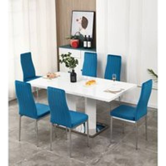 Meridian 6-Seater White High Gloss Dining Table with 6 Monza Blue Velvet Chairs - Furnizone Uk