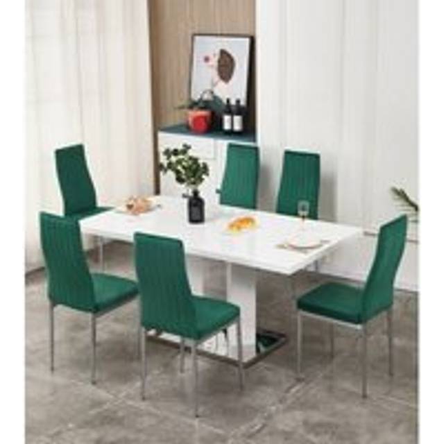 Meridian 6-Seater White High Gloss Dining Table with 6 Monza Green Velvet Chairs - Furnizone Uk