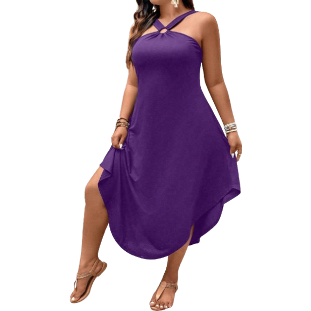 Breezaya Plus Size Solid Color Halter Neck Swing Dress With Curved Hemline For Summer Maxi Women Outfit