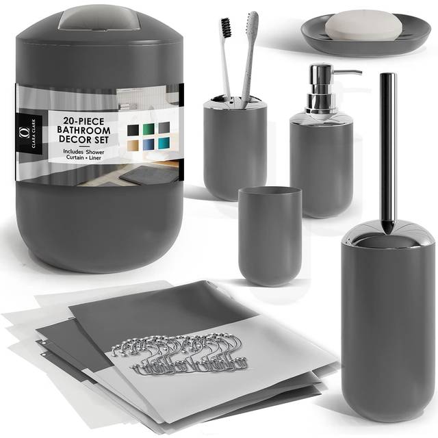 Clara Clark Bathroom Set - Gray Bathroom Accessories Set  20PC Bathroom Accessory Set  Shower Curtain Set with Liner  Toothbrush Holder  Soap Dispense
