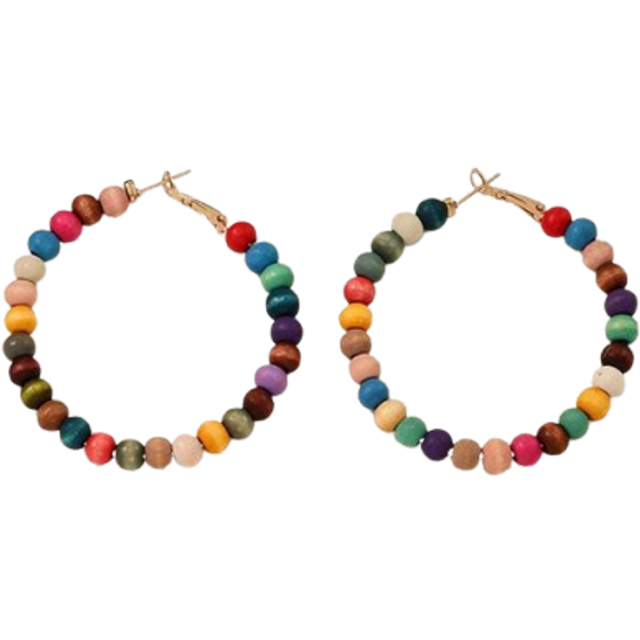 SHEIN 1pair Retro Exaggerated Personality Circle Earrings With Creative Colorful Wooden Beads For Women, Girls, Sisters, Friends, Gift, Prom Jewelry