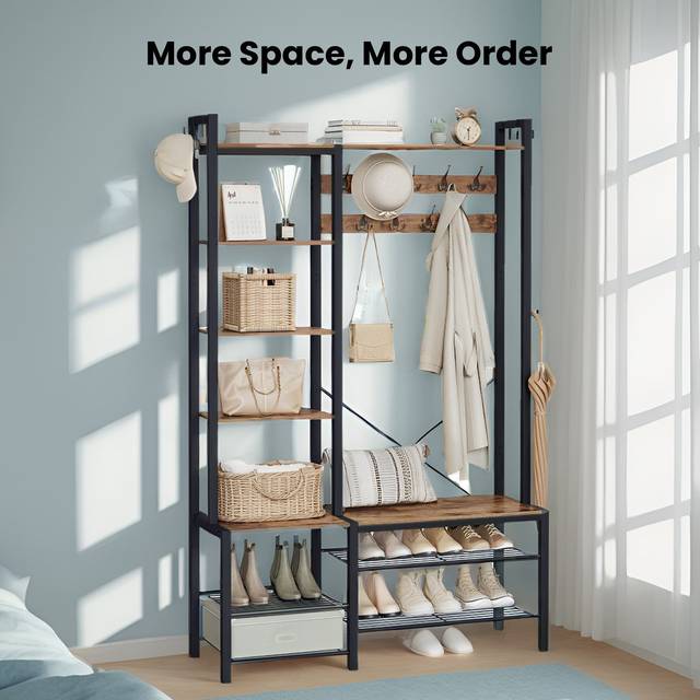 9 Hook Coat Rack with Shoe Bench