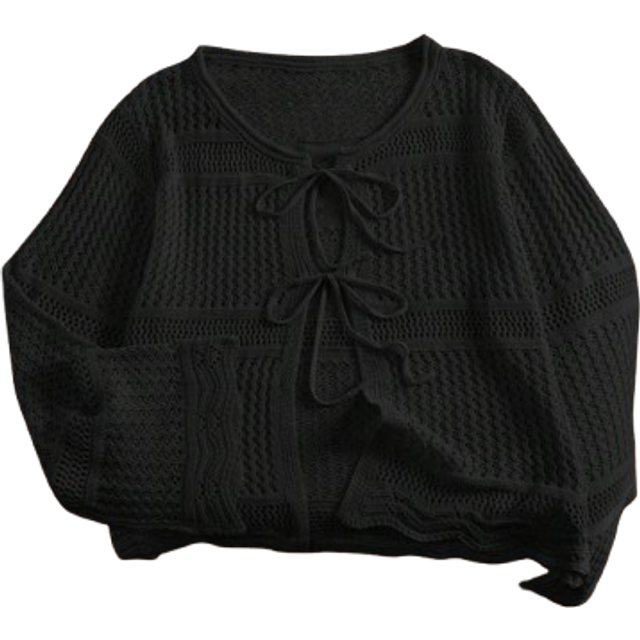 CosyJoli Plus Size Casual Vacation Crochet Front-Tie Loose Fitted Women&#39;s Apricot Cropped Long Sleeve Cardigan, For Winter