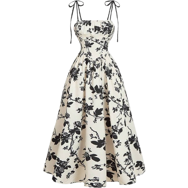 SHEIN Women Apricot Background Black Silhouette Flower Print Cami Dress,Renaissance Dress,Homecoming Dresses,Fall Women Dresses,Summer Dresses For Women,Tea