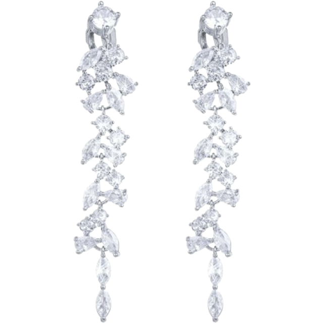 SHEIN Shiny Leaf Long Dangle Ear Clip Earrings 2pcs Women Cubic Zirconia No Pierced Drop Earrings Silver Plated Bridal Wedding Jewelry Party Anniversary Eng