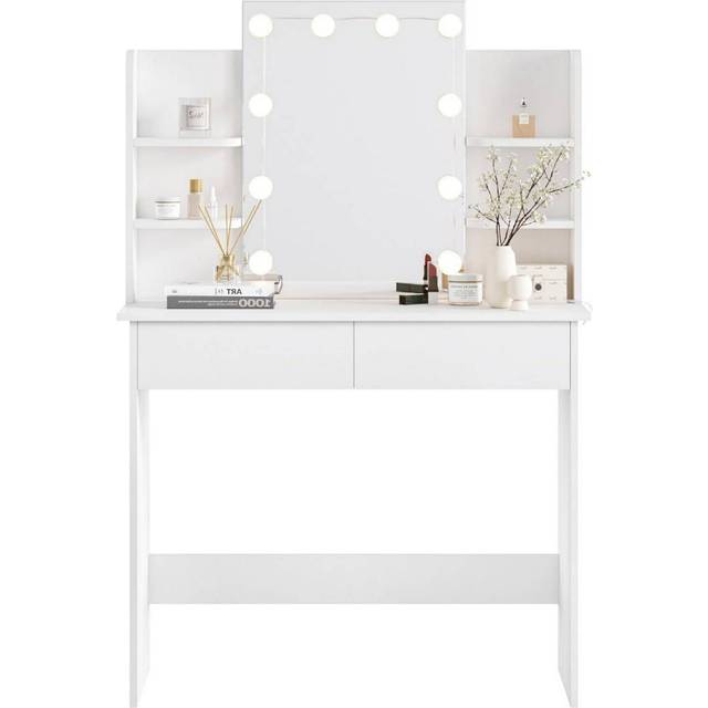 Woltu - Dressing Table with led Lights. Vanity Table with Adjustable Brightness Mirror. Makeup Desk with 2 Drawers and Open shelves. Wooden Modern