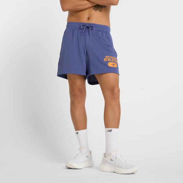 New Balance Men's Heritage Mesh Graphic Short 5" in Blue Poly Knit, size Large