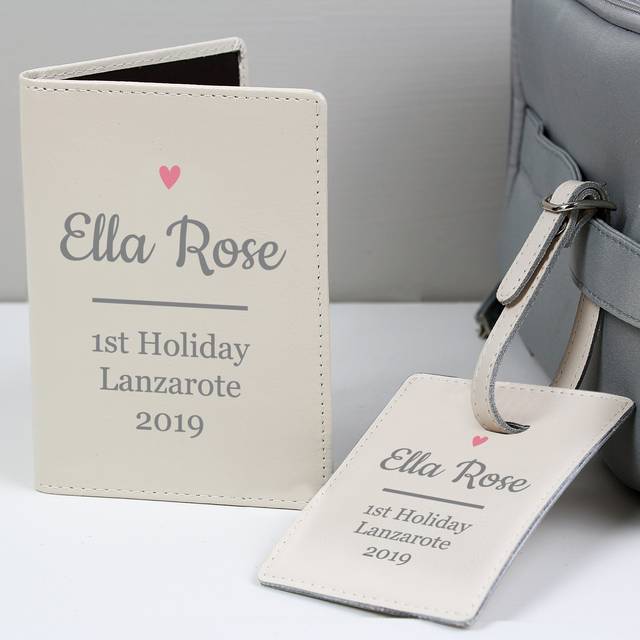 Personalised Heart Passport Holder and Luggage Tag Set - Cream