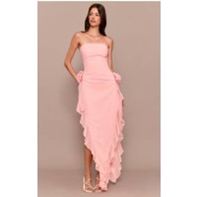 Blush Floral Bandeau Corsage Frill Detail Midaxi Dress, Blush. - 14
