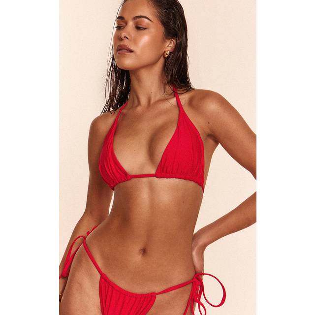 Red Ruched Tie Front Triangle Bikini Top, Red - 8