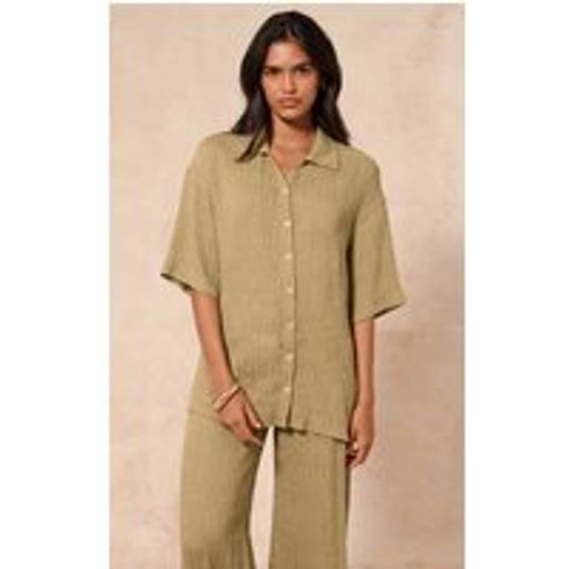 Chartreuse Textured Woven Oversized Short Sleeve Shirt, Chartreuse - 6