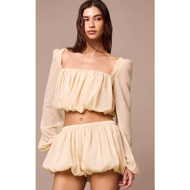 Almond Chiffon Ruched Long Sleeve Blouse, Almond - 12