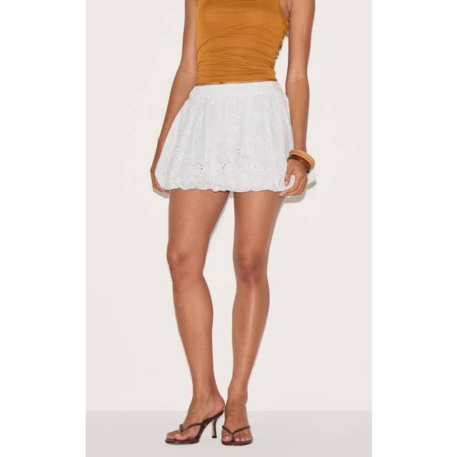 White Broderie Puffball Mini Skirt, White - 4