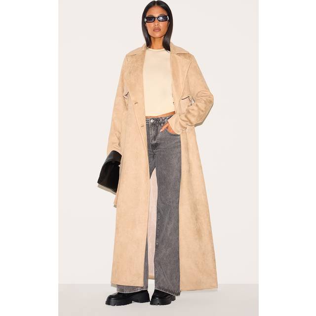 Tall Stone Faux Suede Belted Maxi Trench Coat, White - 10