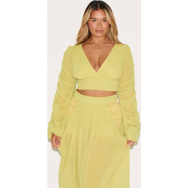 Shape Lime Chiffon Balloon Sleeve Plunge Front Cinched Waist Blouse, Green - 6