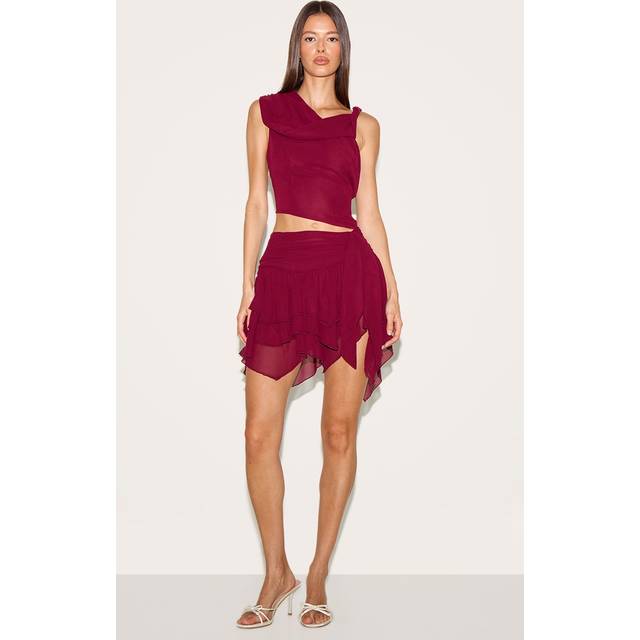 Wine Chiffon Frill Detail Mini Skirt, Red - 12