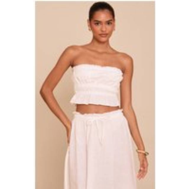 White Linen Look Shirred Bandeau Top, White - 8