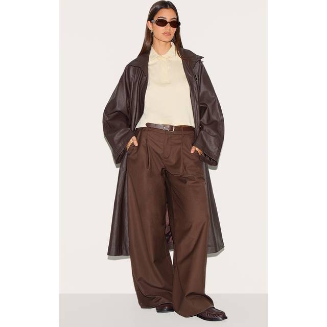 Brown Funnel Neck Faux Leather Trench Coat, Brown - 14