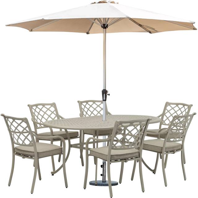 Bramblecrest Bridgewater 6-Seater Oval Garden Dining Table & Chairs Set with Parasol, Stone
